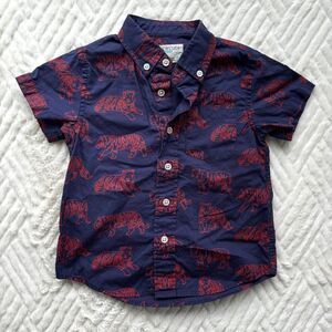 Crewcuts Boys Size 2 Button Down Shirt Tiger Print Navy Red Short Sleeve